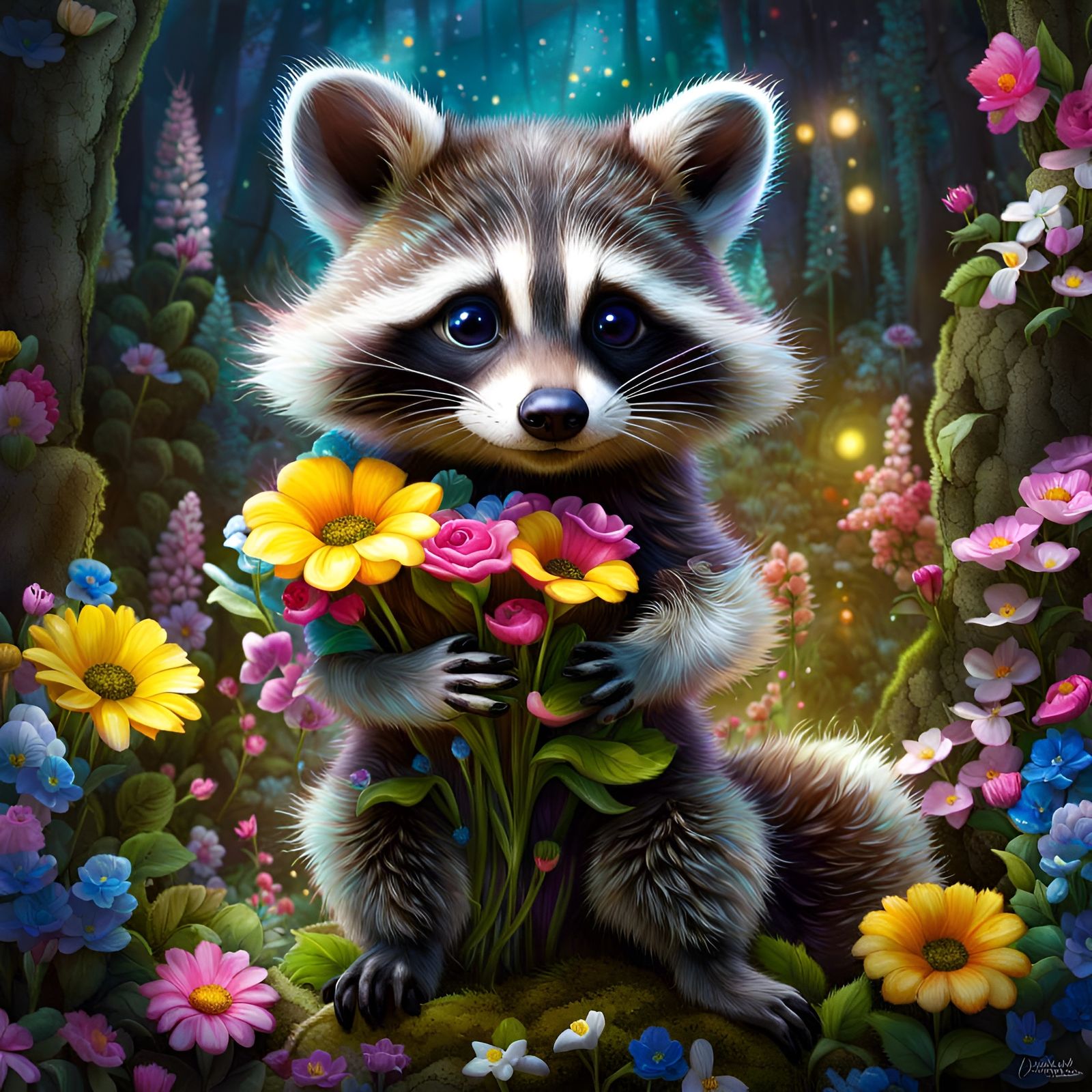 Baby Raccoon in Enchanted Forest: Detailed Floral Art