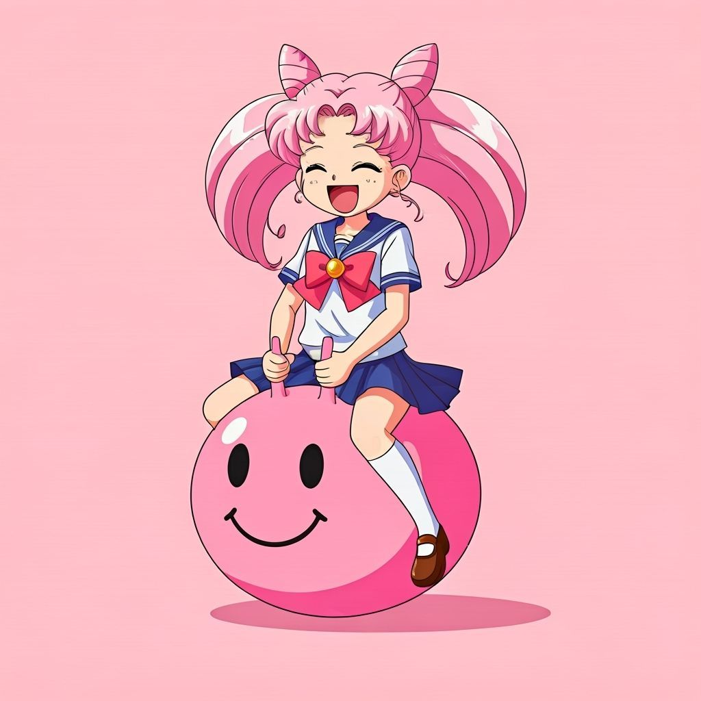 Chibiusa Bouncing on a Smiley Hopper Ball in Anime Style