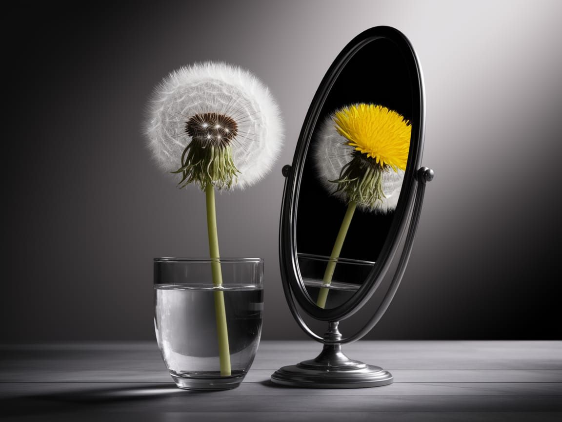 Dandelion in Mirrored Reflection, Realistic and Detailed