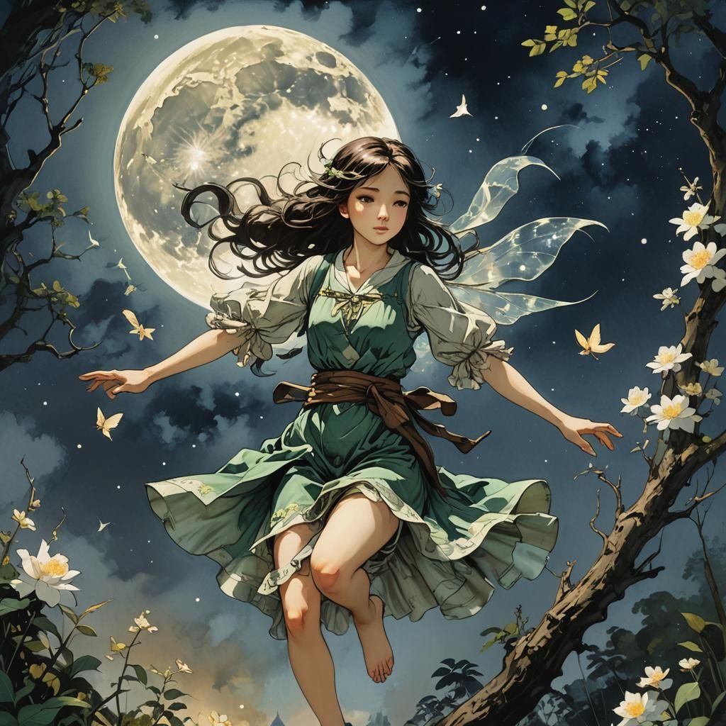 Fairy Flying Under Moon in Watercolor Style