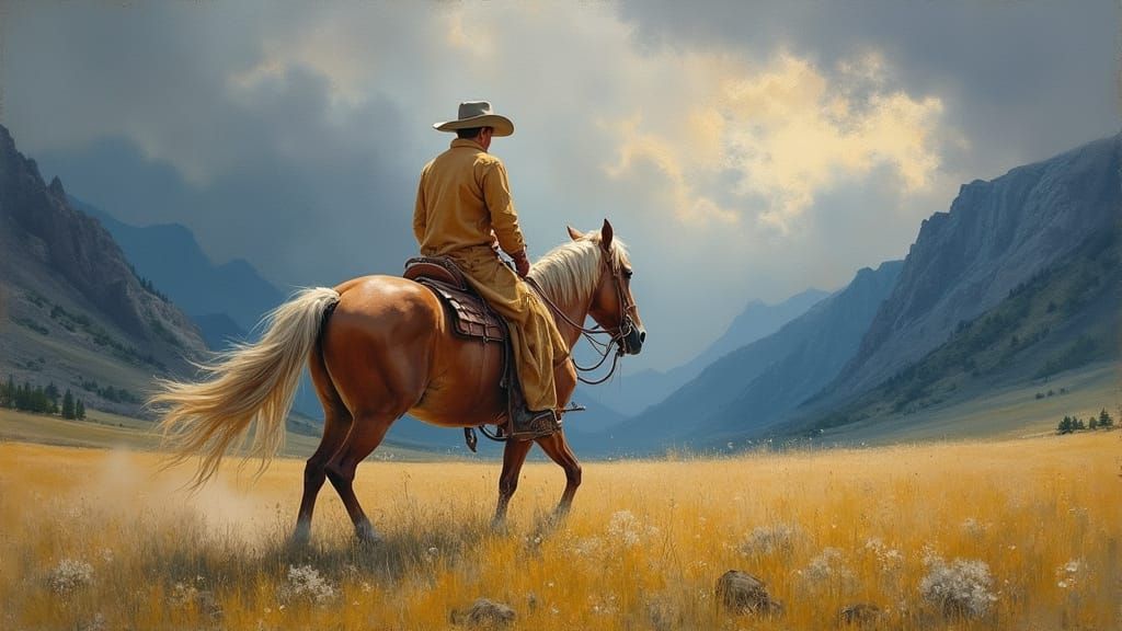 Cowboy Riding Horse Through Meadow in Storm