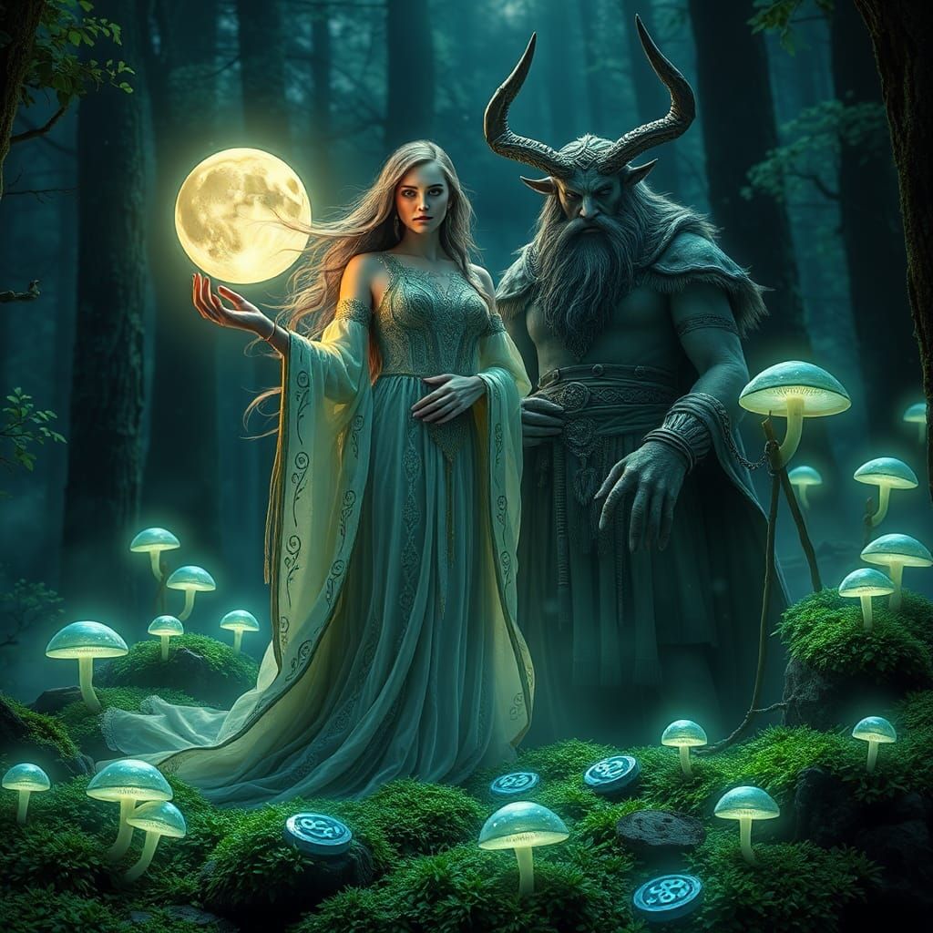 The diety Rhiannon standing with the handsome diety Cernunnos, surrounded by elements of nature