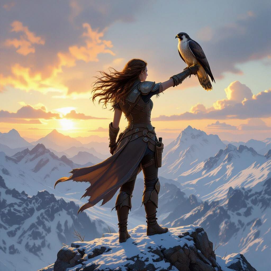 Female Ranger and Falcon on Mountain Peak