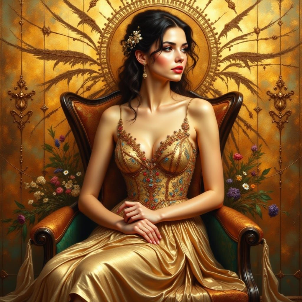 Luxurious Oil Painting of a Seated Woman in Byzantine-Inspir...