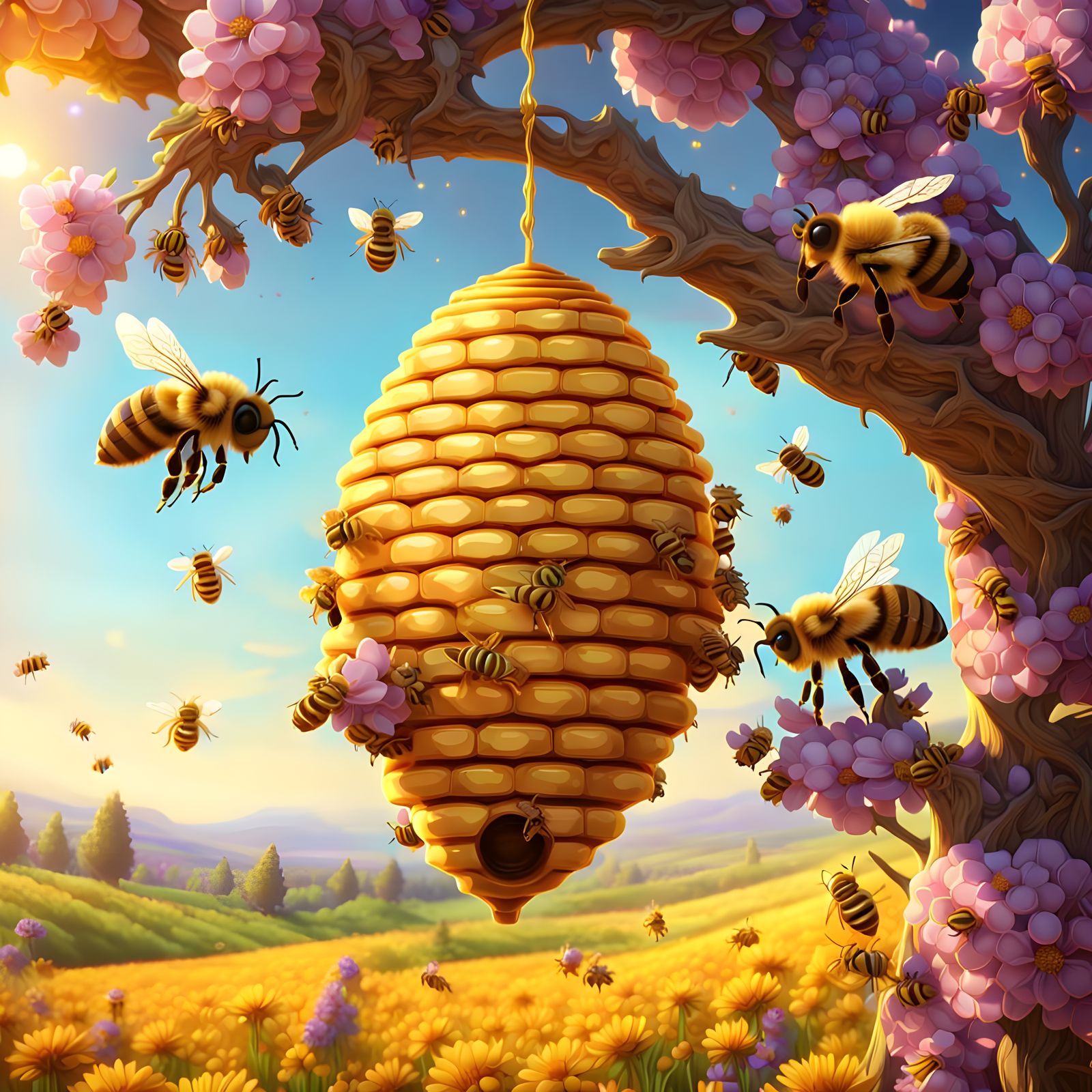 Fantastical Honeycomb Hive in a Field of Flowers