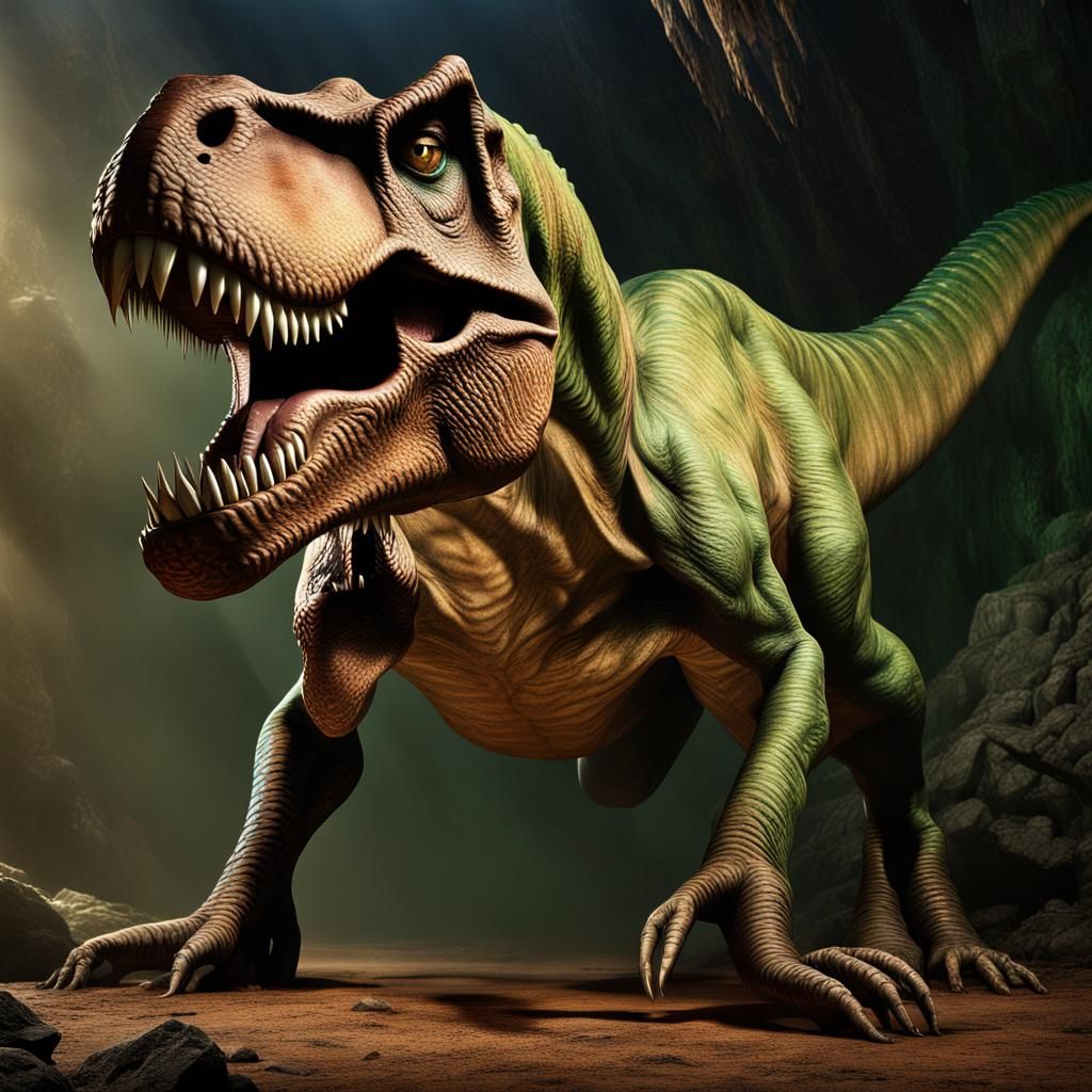 Towering T-Rex Menaces Caveman in Prehistoric Era