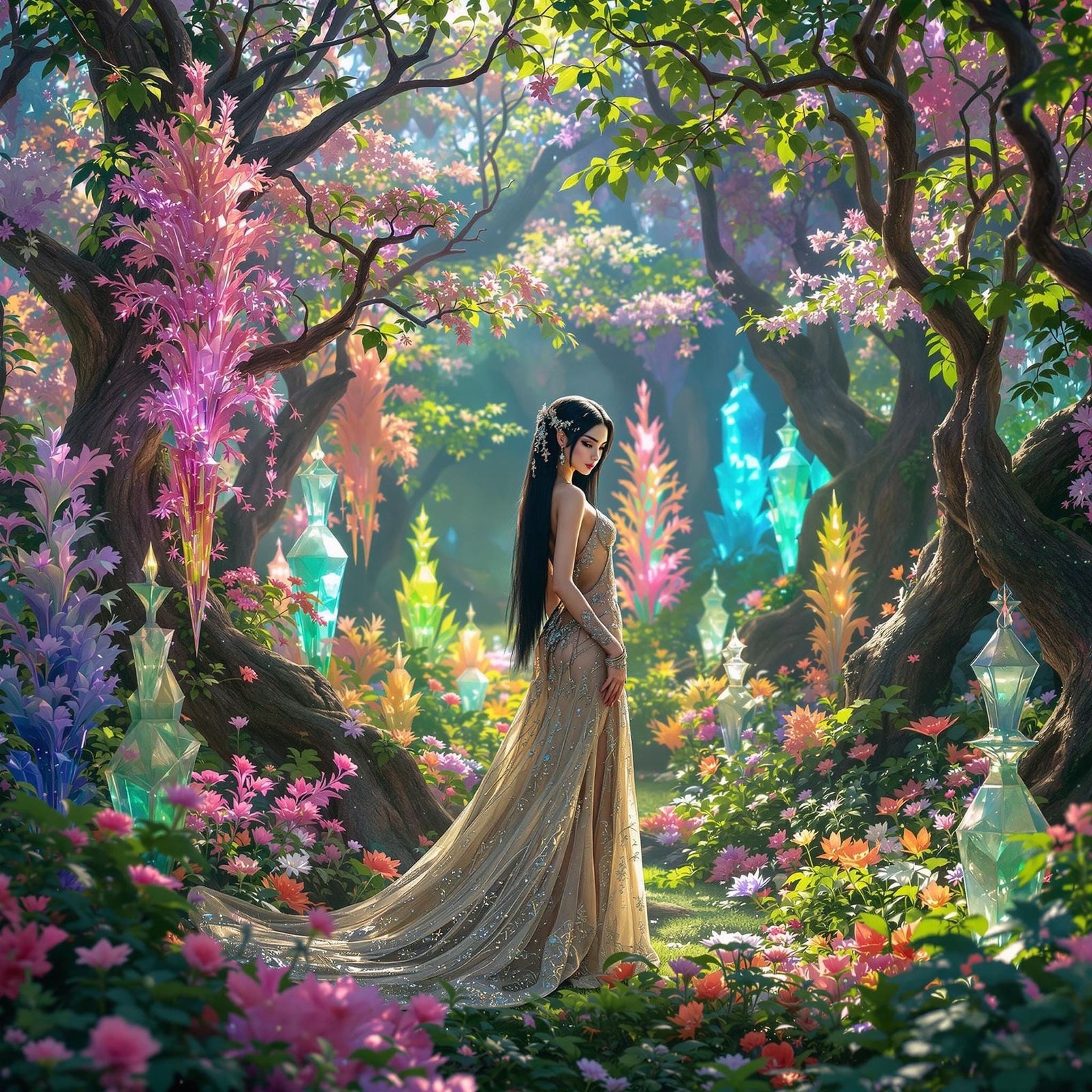 Surreal Fantasy Goddess in a Vibrant, Kaleidoscopic Forest,....