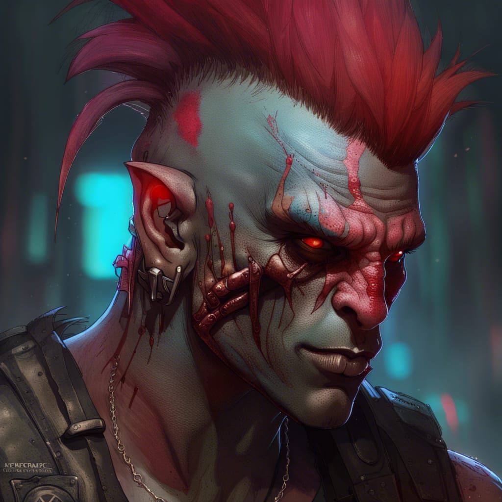 Cyberpunk Orc Portrait in Detailed Digital Art Style