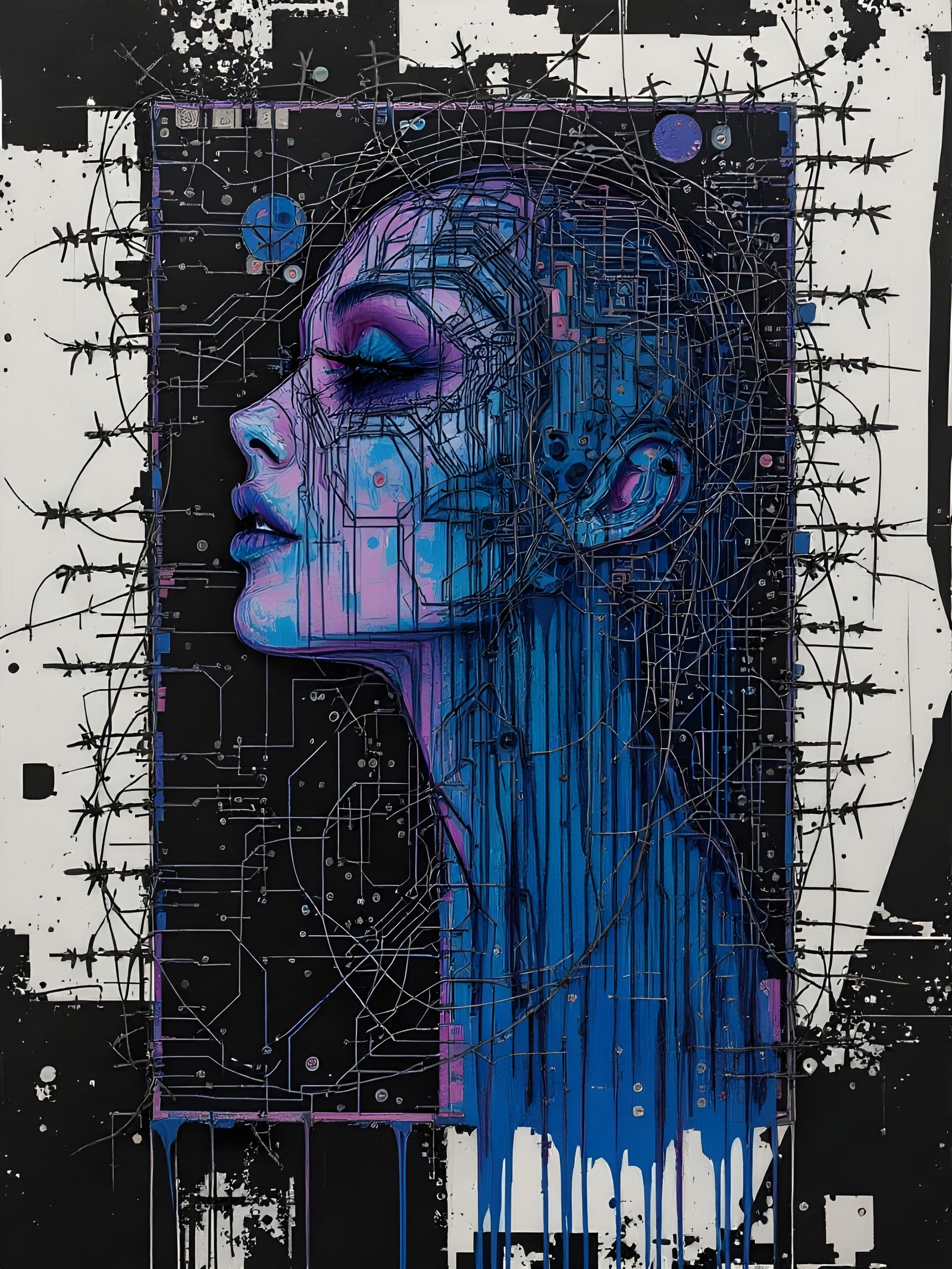 Futuristic Female Form in Thick, Complex Barbed Wire Paint