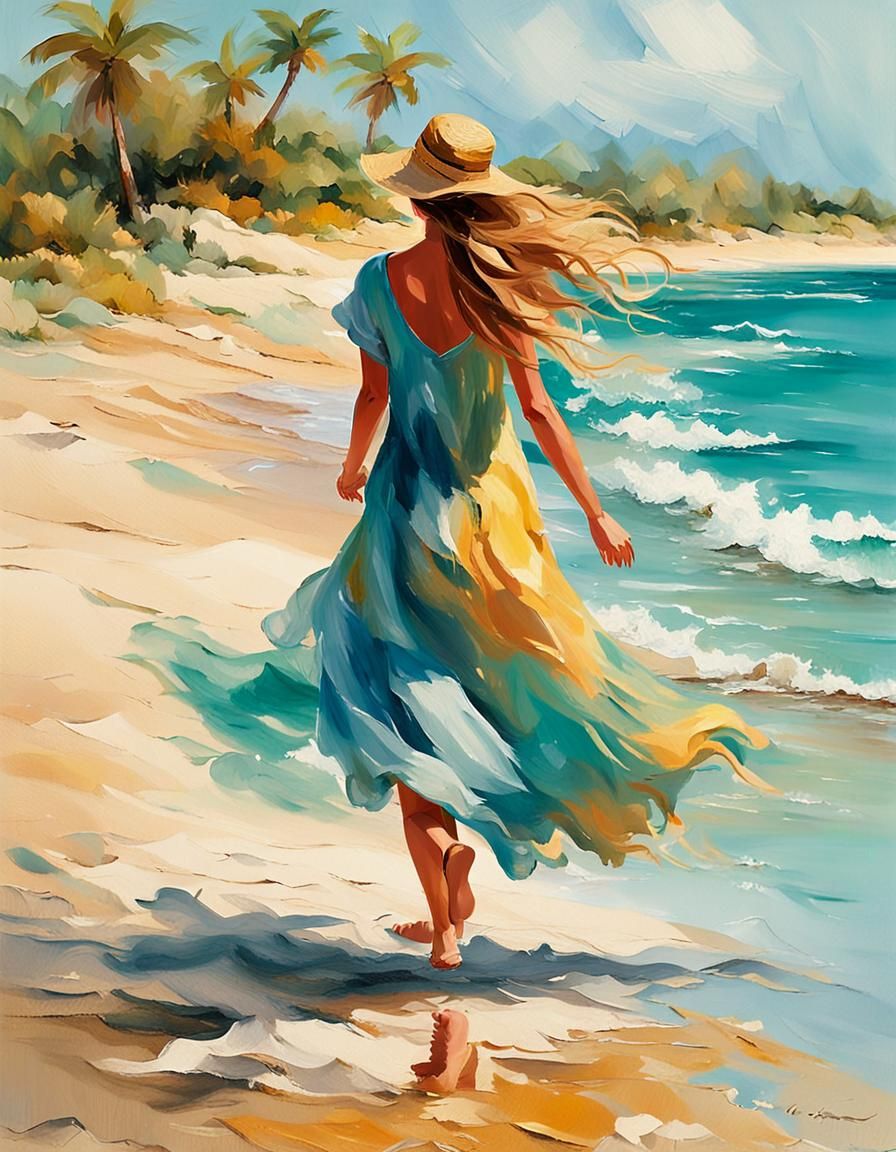 Barefoot Woman on Beach in Impressionist Style