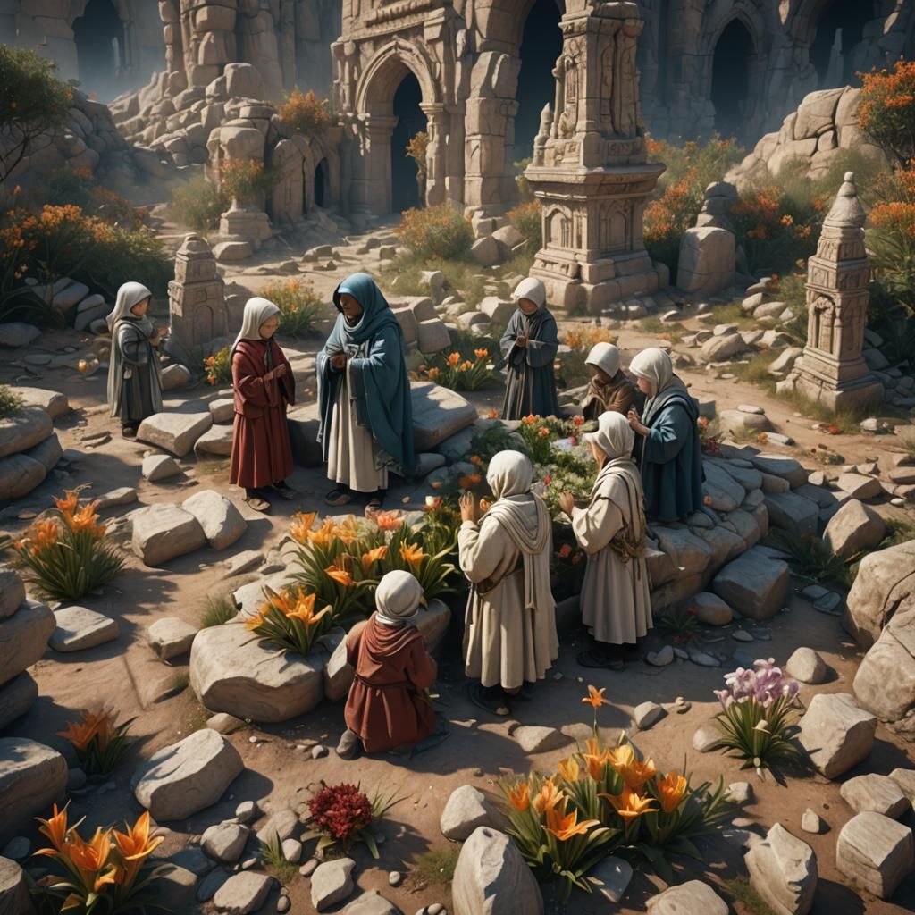 Children Praying for Peace Amidst Warring Destruction