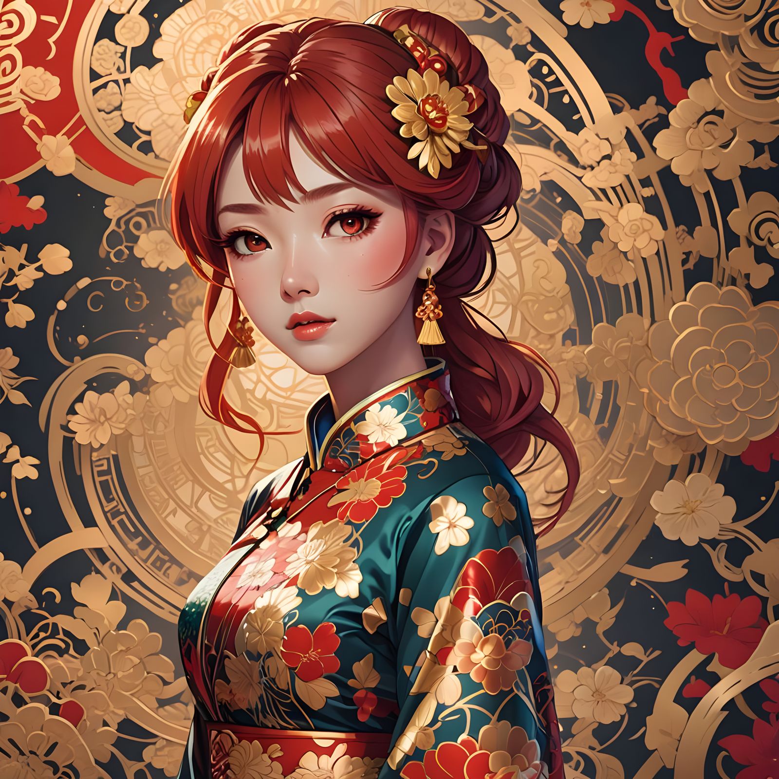 Red-Haired Anime Girl in Qipao, Cel-Shaded Style