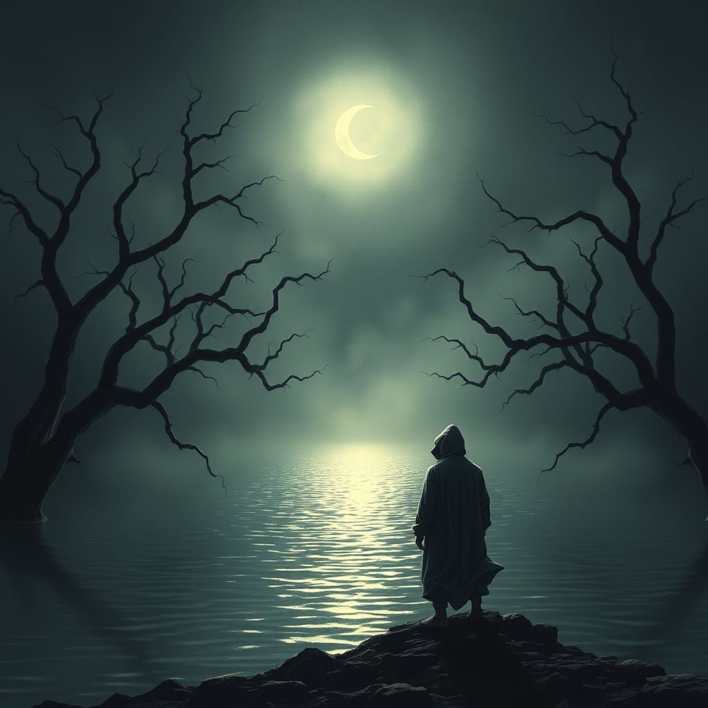 Ethereal Figure at Moonlit Lake in Dark Fantasy Style