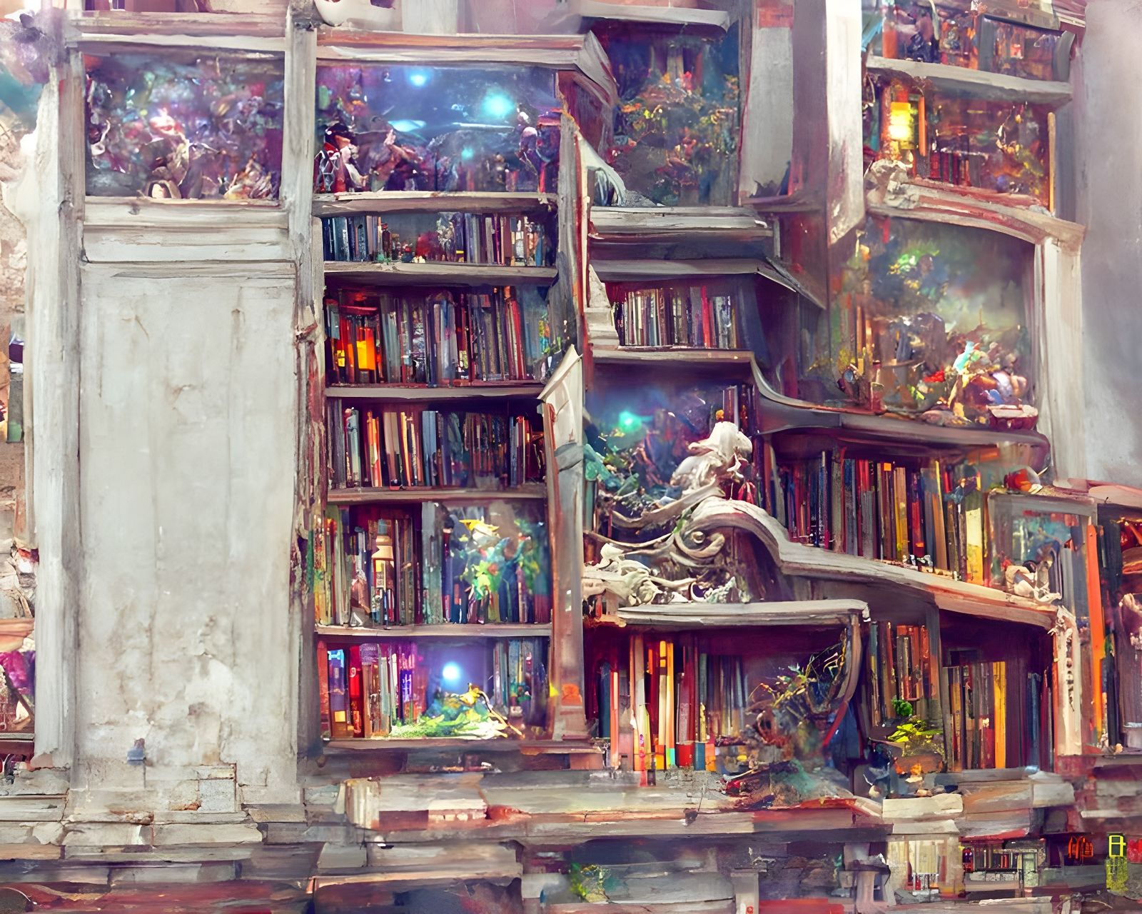 Japanese Palace Staircase with Books and Auroras