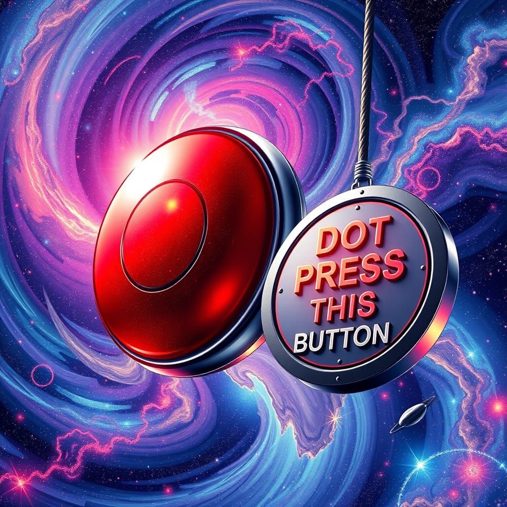 Cosmic Red Button in a Swirling Astral Expanse
