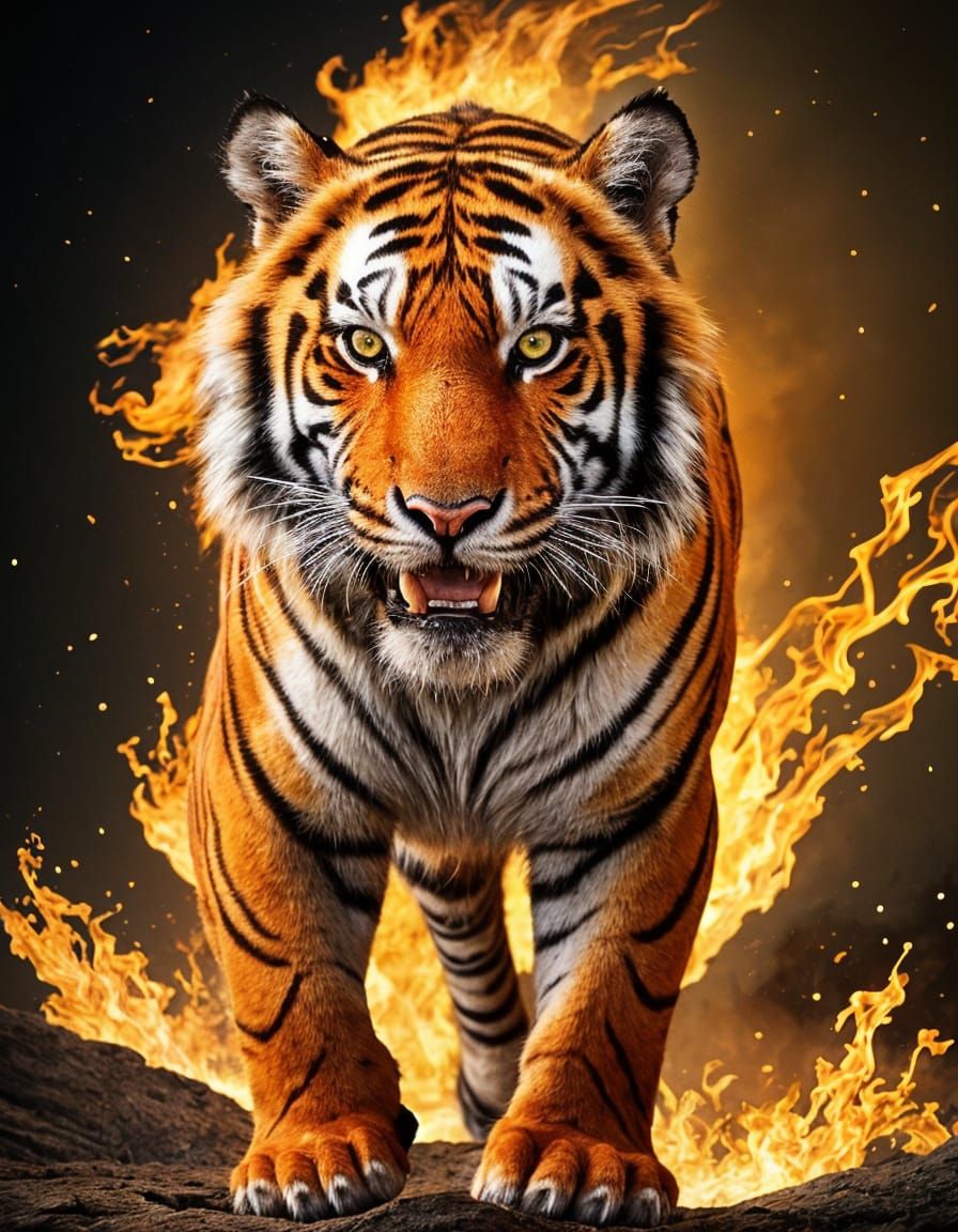 Fiery Tiger with Glowing Fur and Burning Eyes
