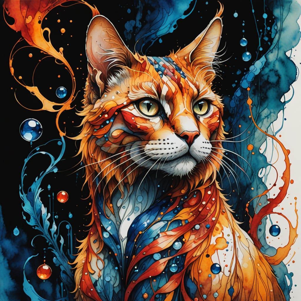 Mystical Forest Cat in Swirling Ink Style