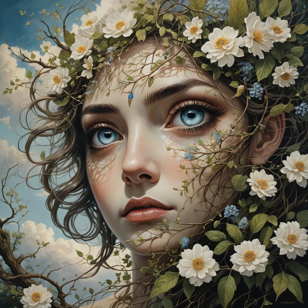 Ethereal Dreamer with Swirling Branches and Delicate Blooms