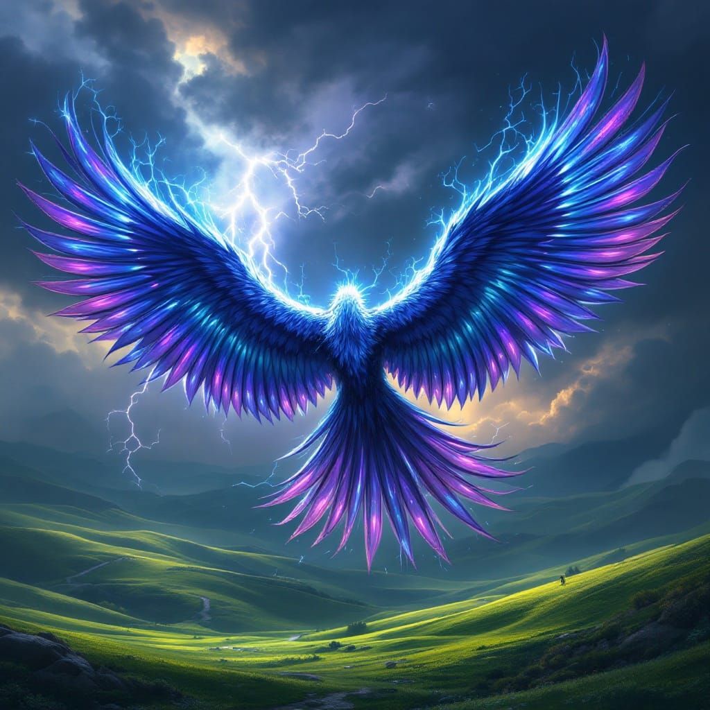 Majestic Thunderbird Soars Over Emerald Plains in Electric B...