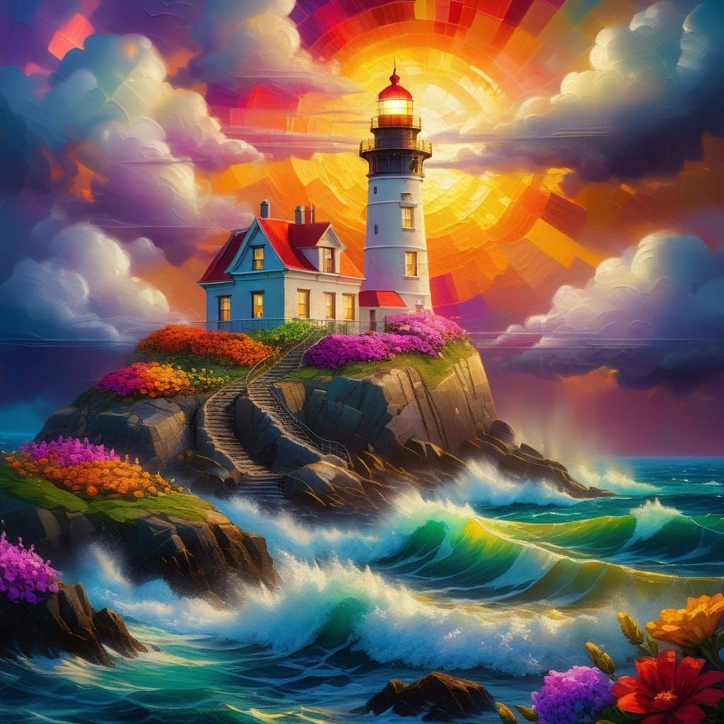 A gorgeous elaborate lighthouse with a crystal in the top st...