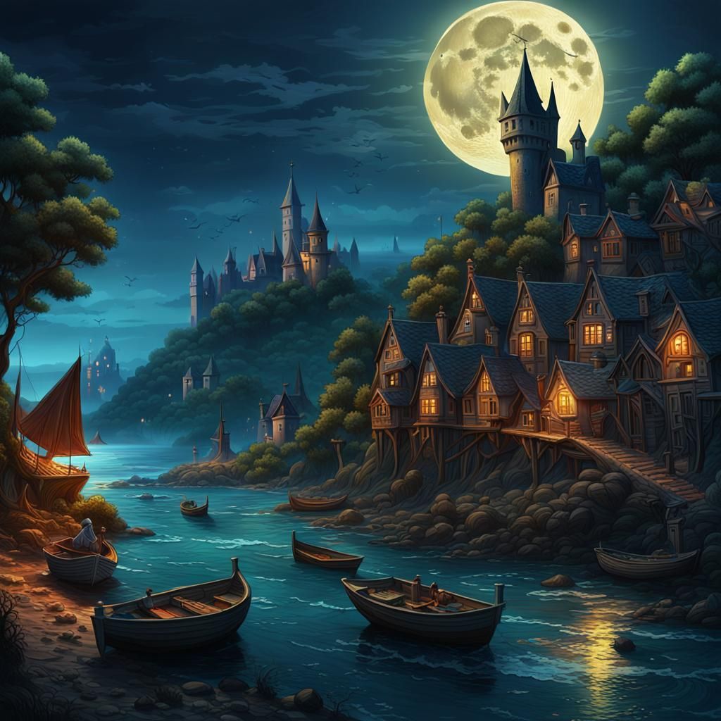 Gothic Fishing Village with Castle, Fantasy Art