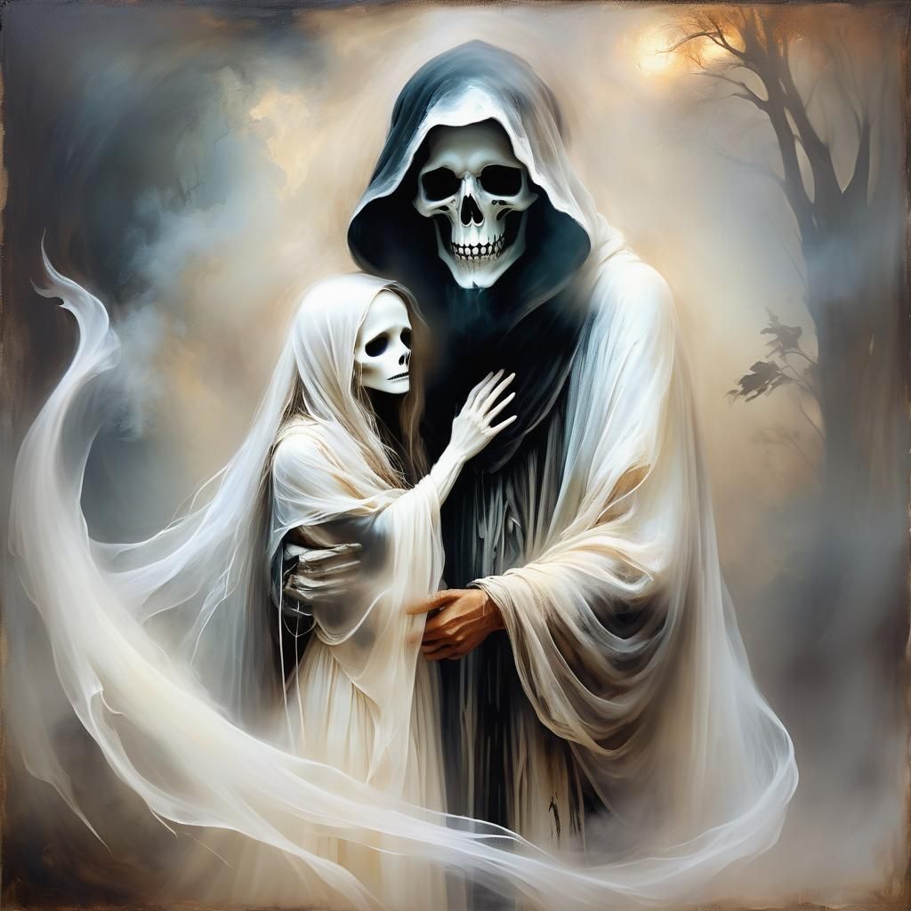 Eerie Grim Reaper Embracing Ghost in Oil Painting