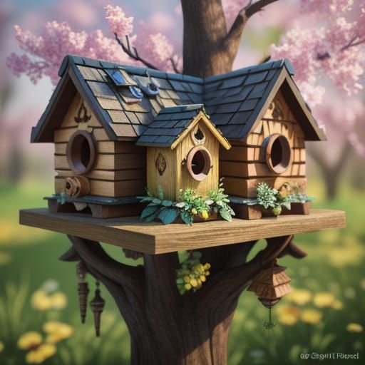 Intricately Carved Birdhouses with Vibrant Flowers