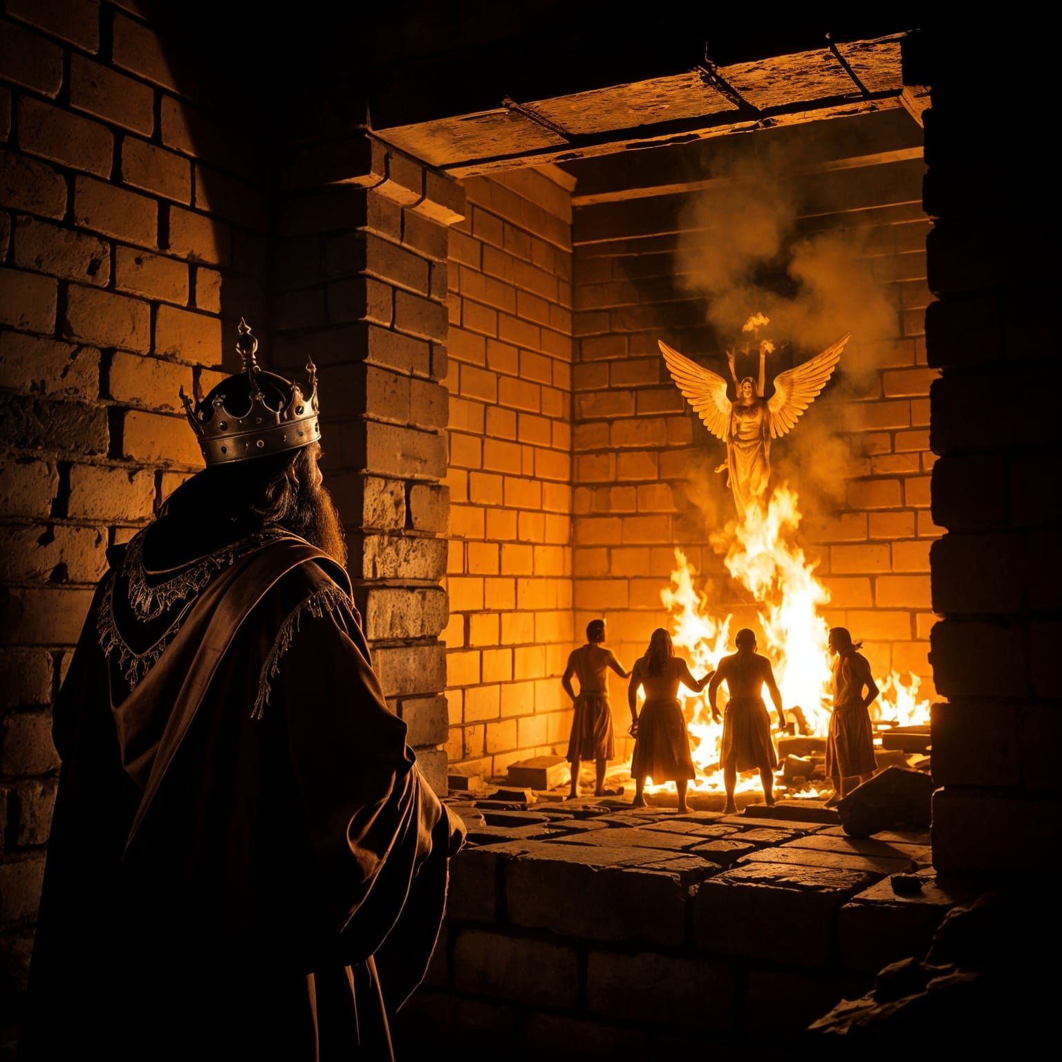 Ancient King Observes Fiery Furnace with Three Men