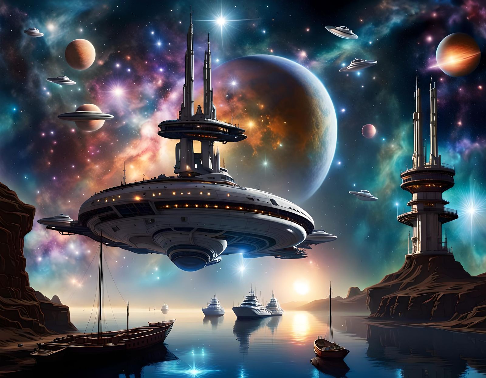 Celestial Harbour with Spaceships and Nebulae