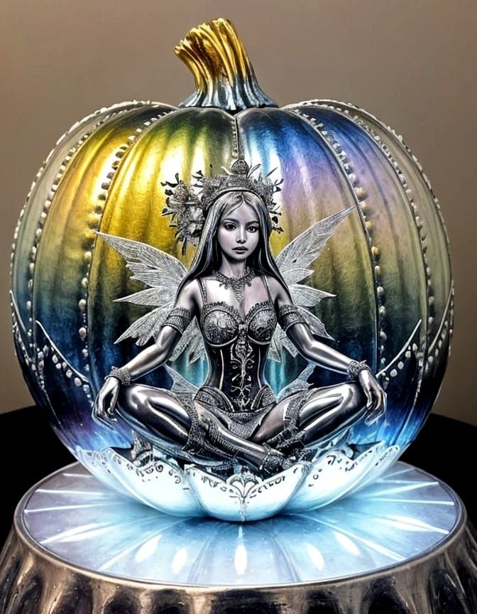 Iridescent Fairy on Silver Pumpkin with Fractal Design