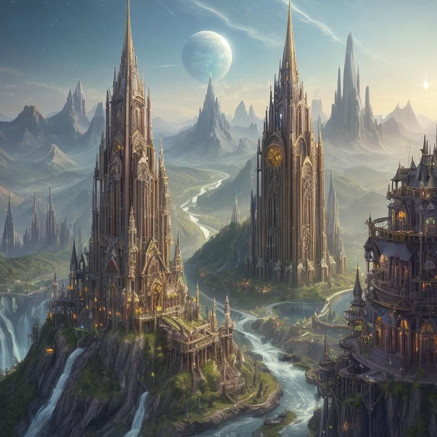 beautiful spires of utopian city rise from mountainside bright future happy people sparkling river flows nearby harmonio...