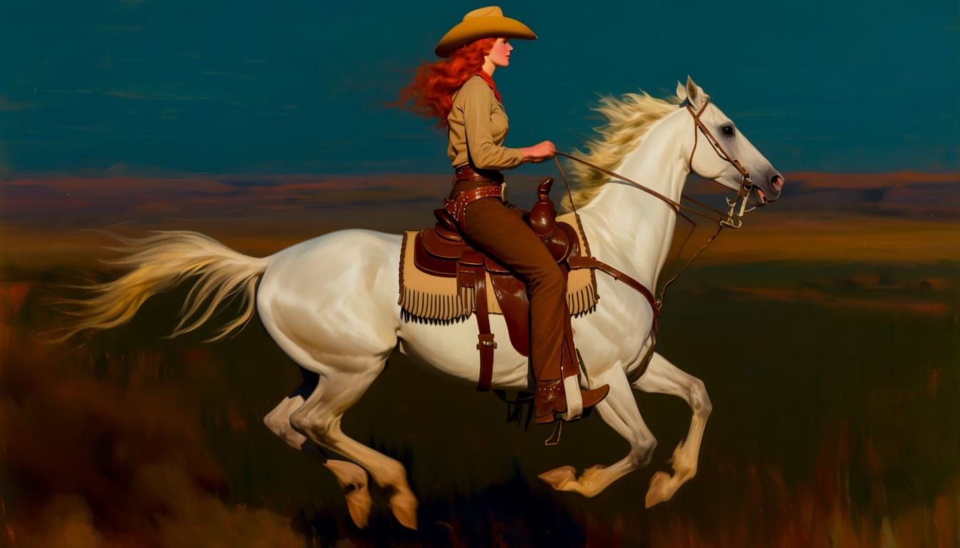 Impressionist Oil Portrait of a Cowgirl Galloping on Horseba...