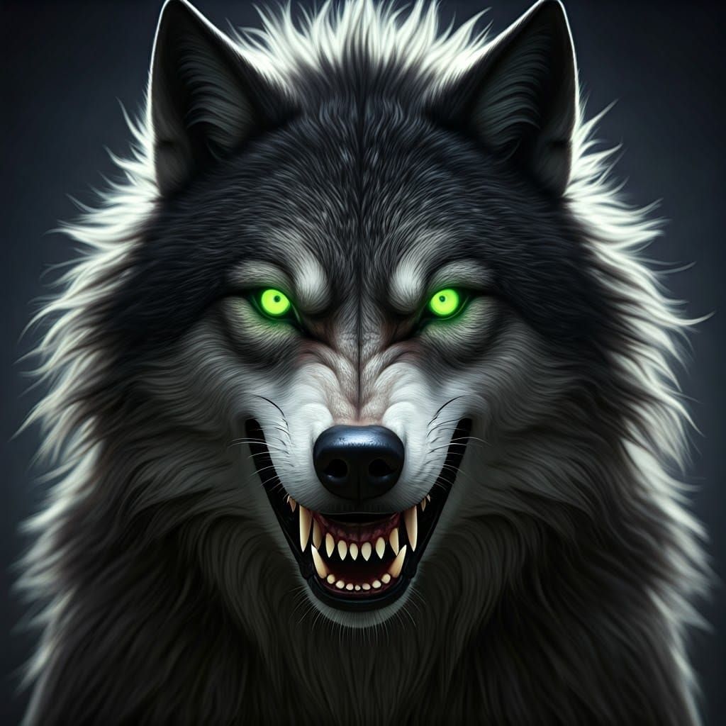 Menacing Wolf with Ghostly Aura and Razor-Sharp Teeth in Dar...