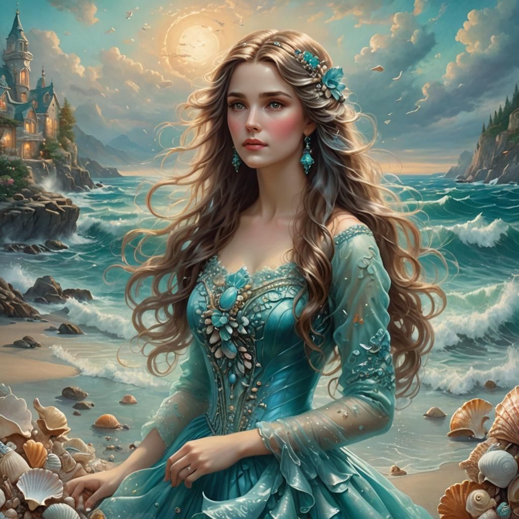 Ethereal Seashell Lady in Turquoise Dress