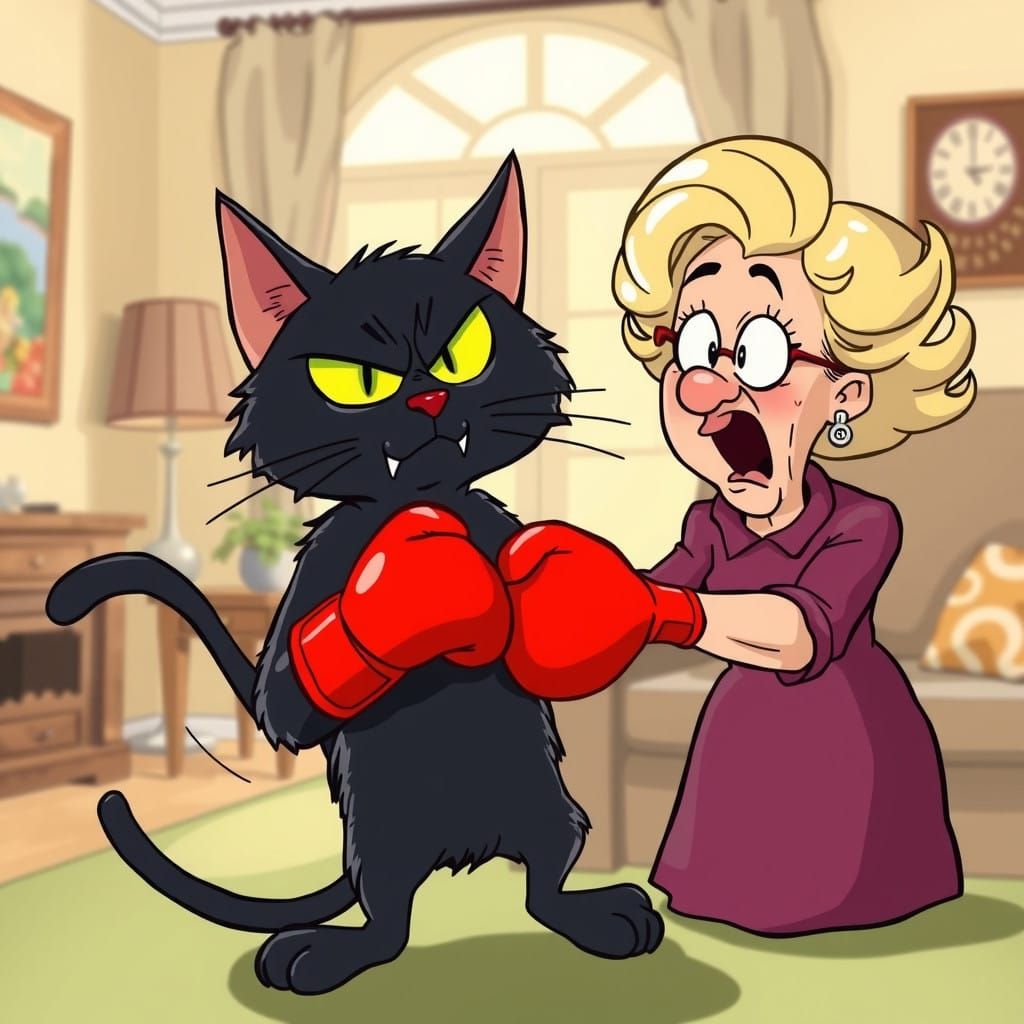 Cartoon Cat Boxer Ponders Surprised Lady in Sunny Living Roo...