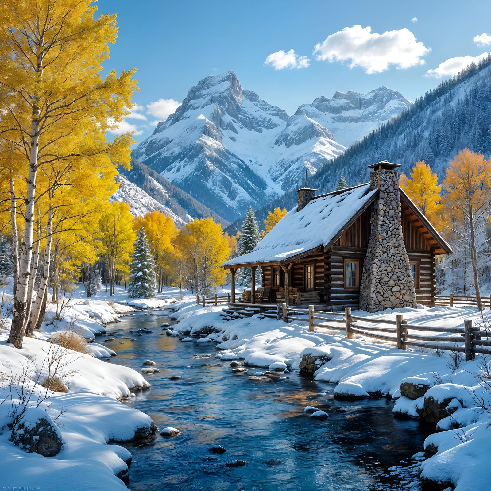 Frontier Cabin in Winter Wilderness Scene