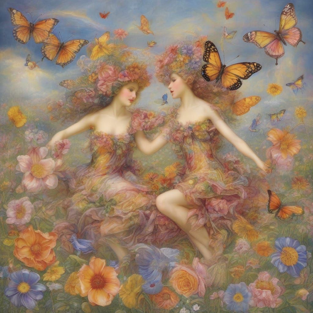 Nymphs Dancing on Flowers in Baroque Surrealist Style