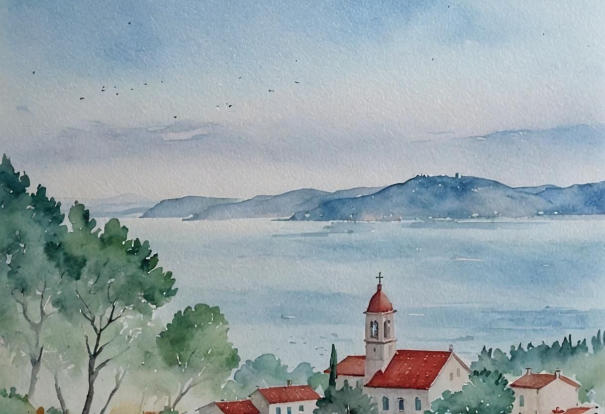 Adriatic Sea Coastal Village Watercolor at Sunrise