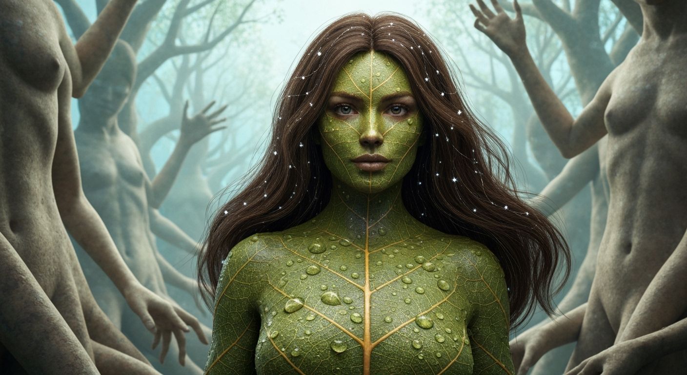 Majestic Water Woman with Star Hair in Surreal Forest