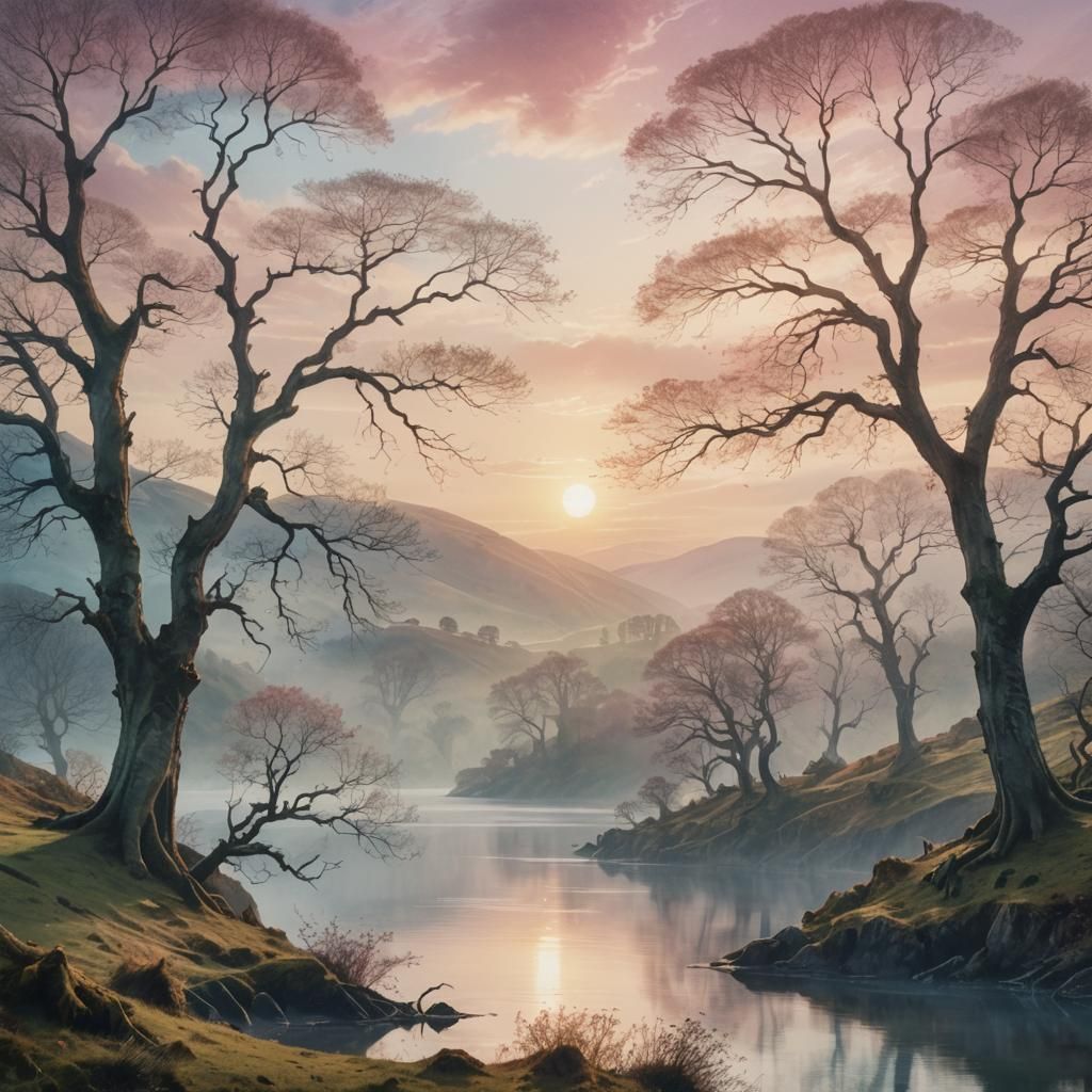 Mystical British Landscape in Watercolor Style