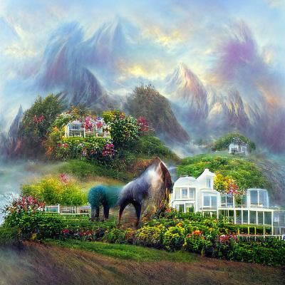 Seaside Mountain Scene with House and Garden