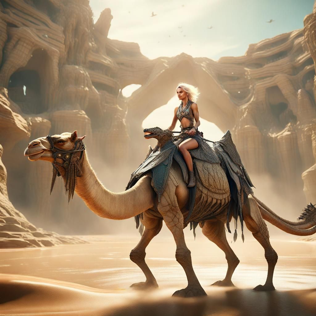 Fantasy Archeologist Rides Winged Camel in Jungle World