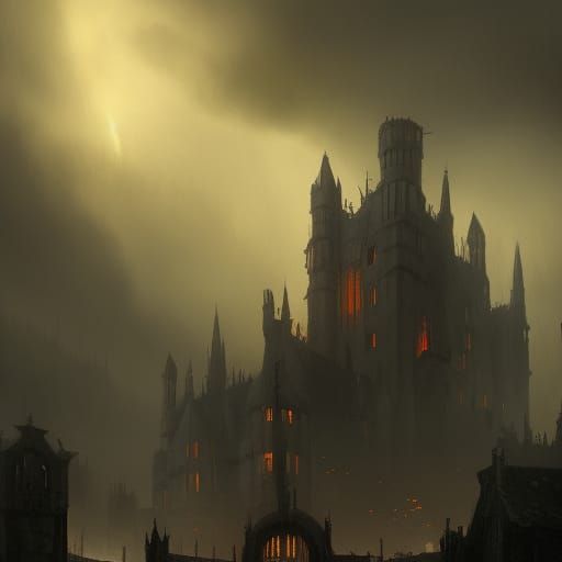 Eerie Medieval Castle Under Thunderstorm: Dark Fantasy Art