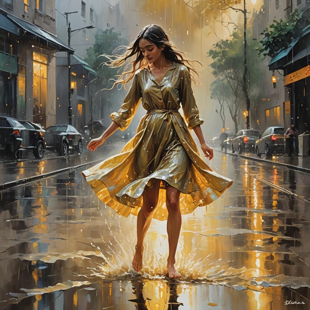 Ethereal Figure in Golden Rain, Impressionistic Style