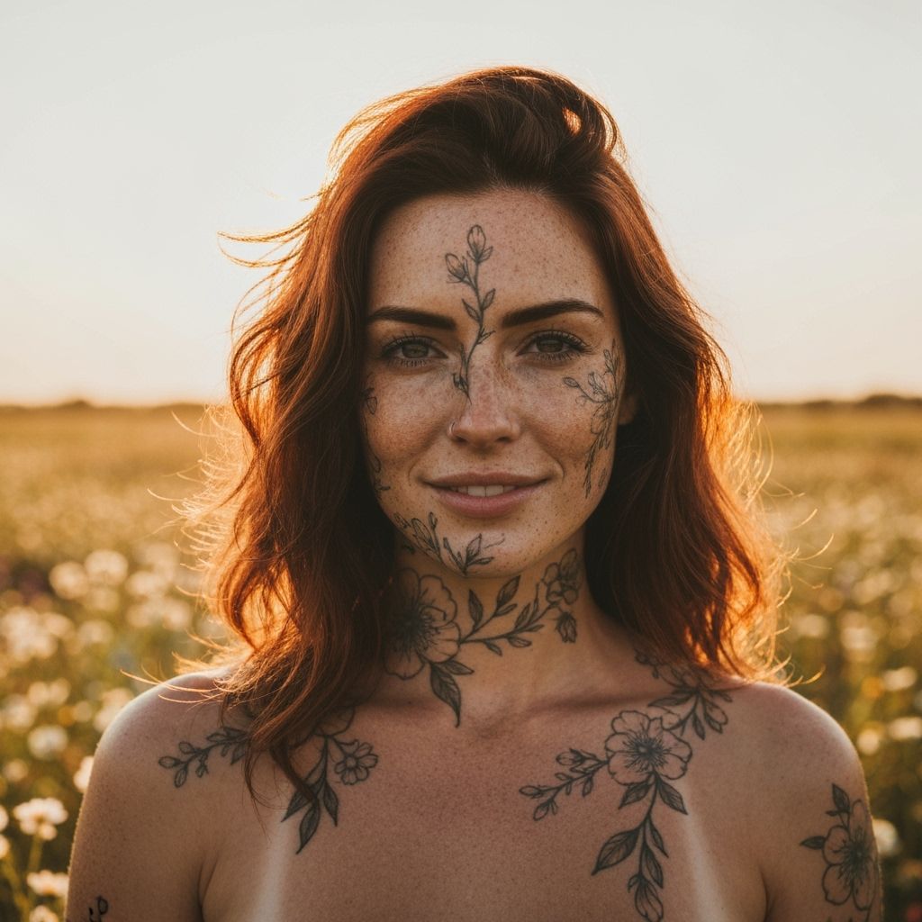 Floral Tattoo Portrait in Golden Light, Art Nouveau Style