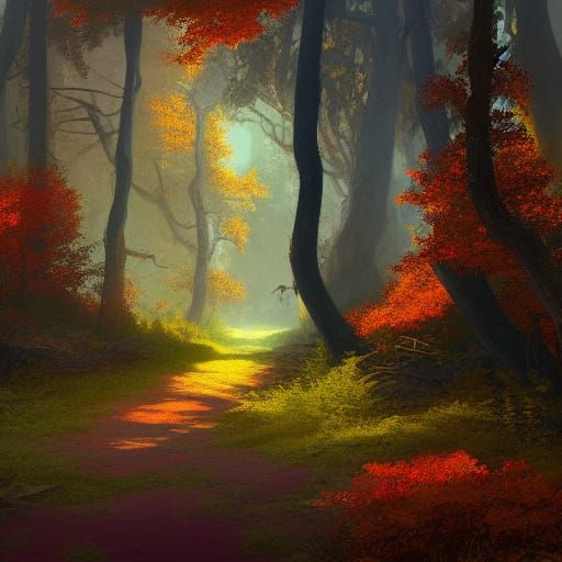 Autumn Forest Trail in Detailed Digital Painting