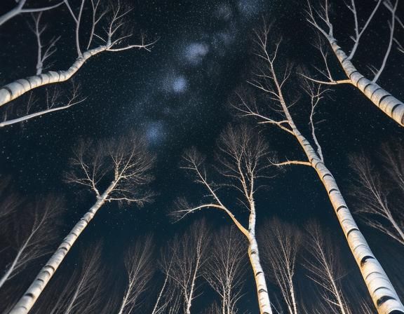 Starry Night Sky Through Winter Birch Branches
