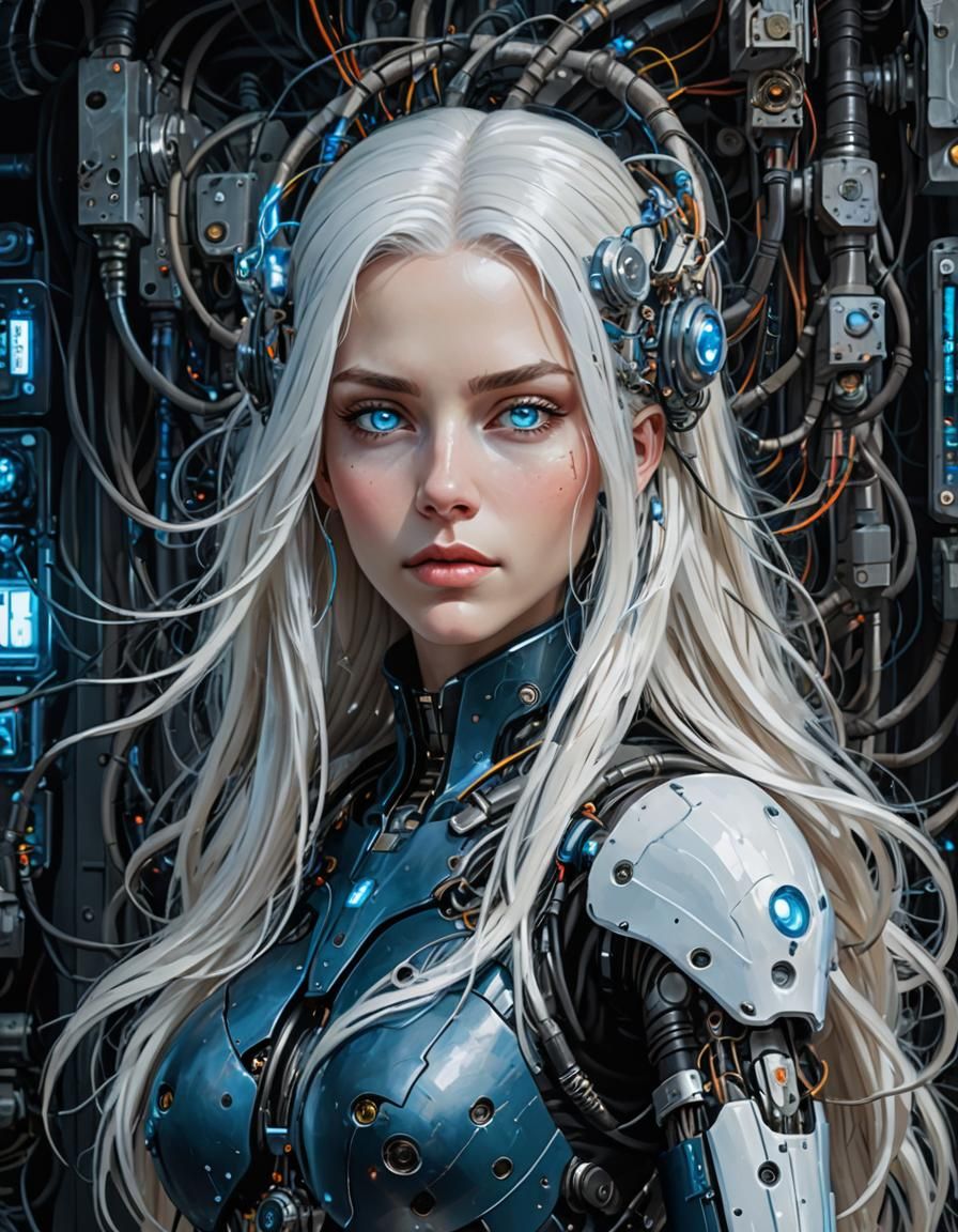 Modest Cyborg Woman with Bioluminescent Eyes as Impasto Pain...