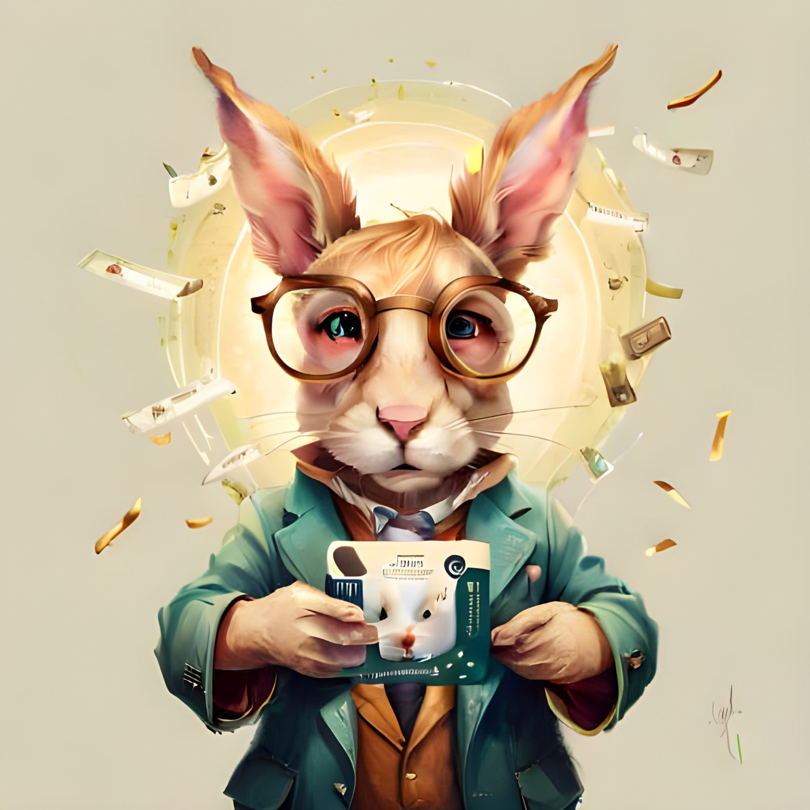 Cute Rabbit Portrait Holding a Credit Card