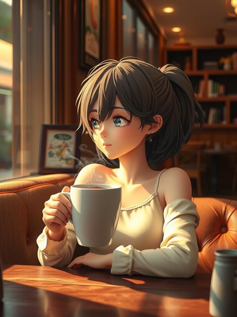 Picture of an Anime animated Female body with a cup of coffee as a head sitting at a table in a coffee shop. Masterpiece...
